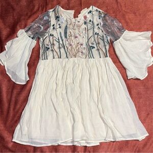 White Embroidered Bell Sleeve Dress
